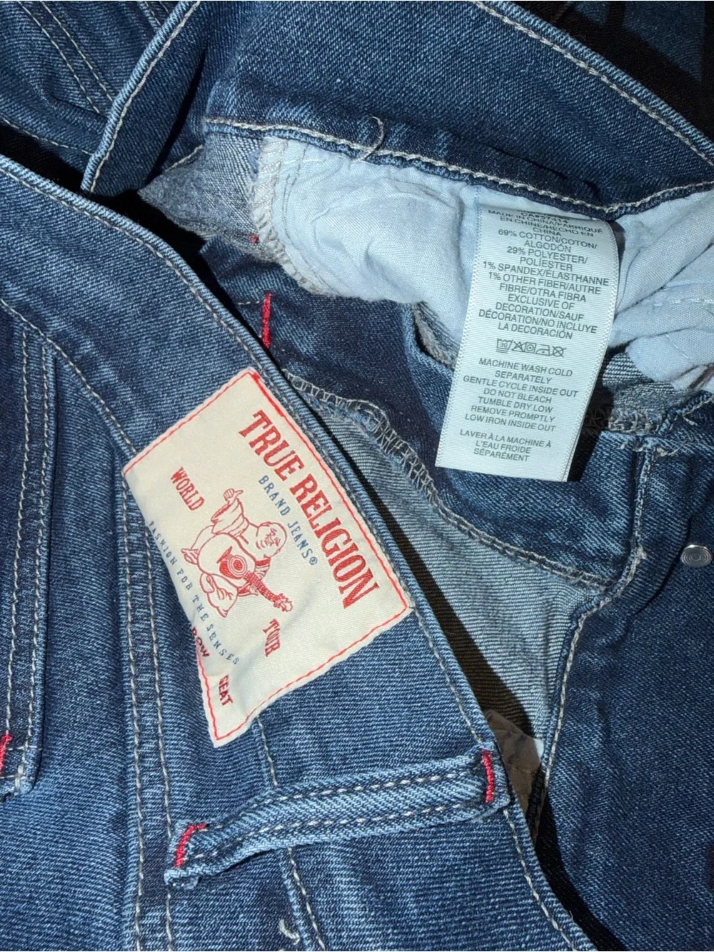 True Religion Men Slim Straight Dark Indigo Jeans with Faded Whiskering 36X32